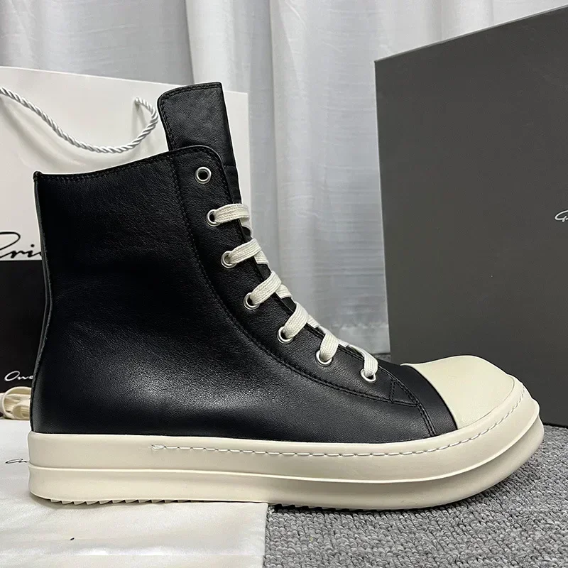 Rick Brand Men Ankle Boot High Top  Sneaker Casual Quality Black Leather Designer Zip Ow-en Street Luxury Flat Platform Shoe