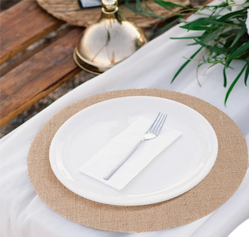 50/100PCS Round Burlap Placemats  Natural Color  Breathable Non-Slip Light Luxury Table Mats for Kitchen & Dining Room