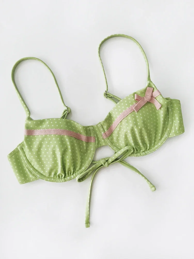 

Новый купальный костюм 2025 года со стальной подставкой для ремня и подушкой на груди, купальник с круглым бантом в горошек, милый комплект бикини с регулируемым плечевым ремнем