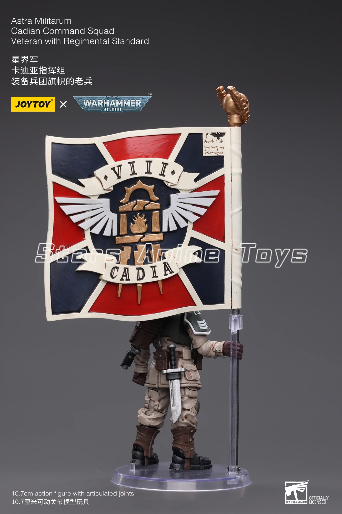 Original JOYTOY 1/18 Action Figure WARHAMMER 40000 Astra Militarum Cadian Command Squad Veteran with Registal Standard Model Toy