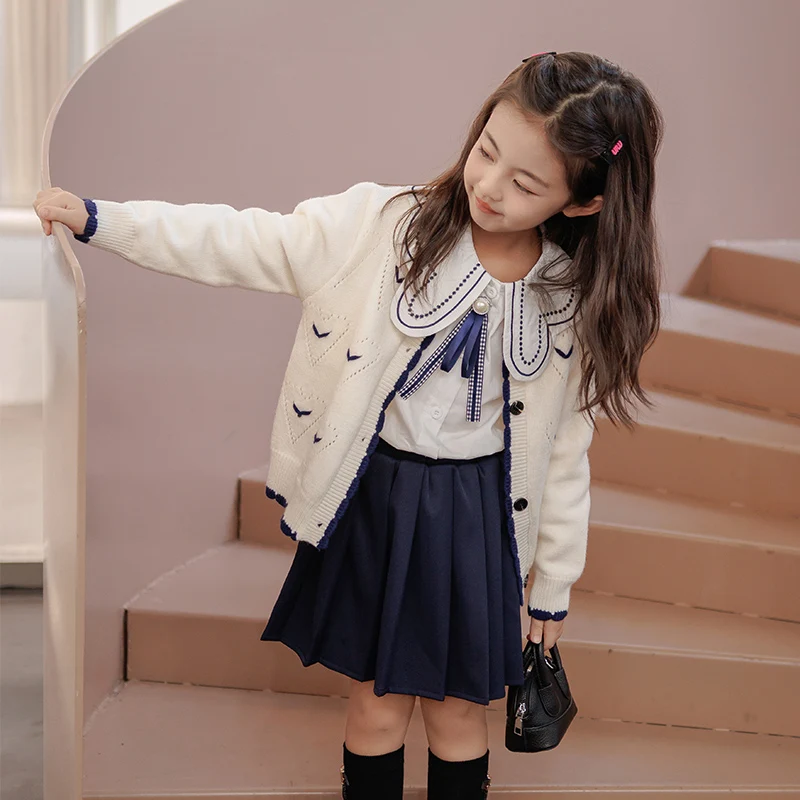 Spring Autumn Kids School Uniform Girls\' Clothing College Style Jk Skirt Set Knit Cardigan Shirt Pleated Skirt Y2k Foreign Style