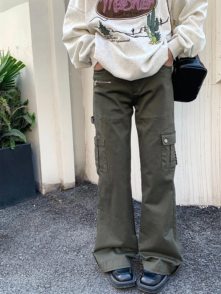 

Retro Multi-ket Design Work Pants Street Sle Slimming Flared Legs for Young Girls Casual Cotton Blend Comfortable Fit