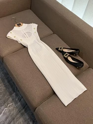 Sexy Hollow Out elegante Lady Summer Party Wear Basic Solid senza maniche Skinny Women Midi Knit Dress