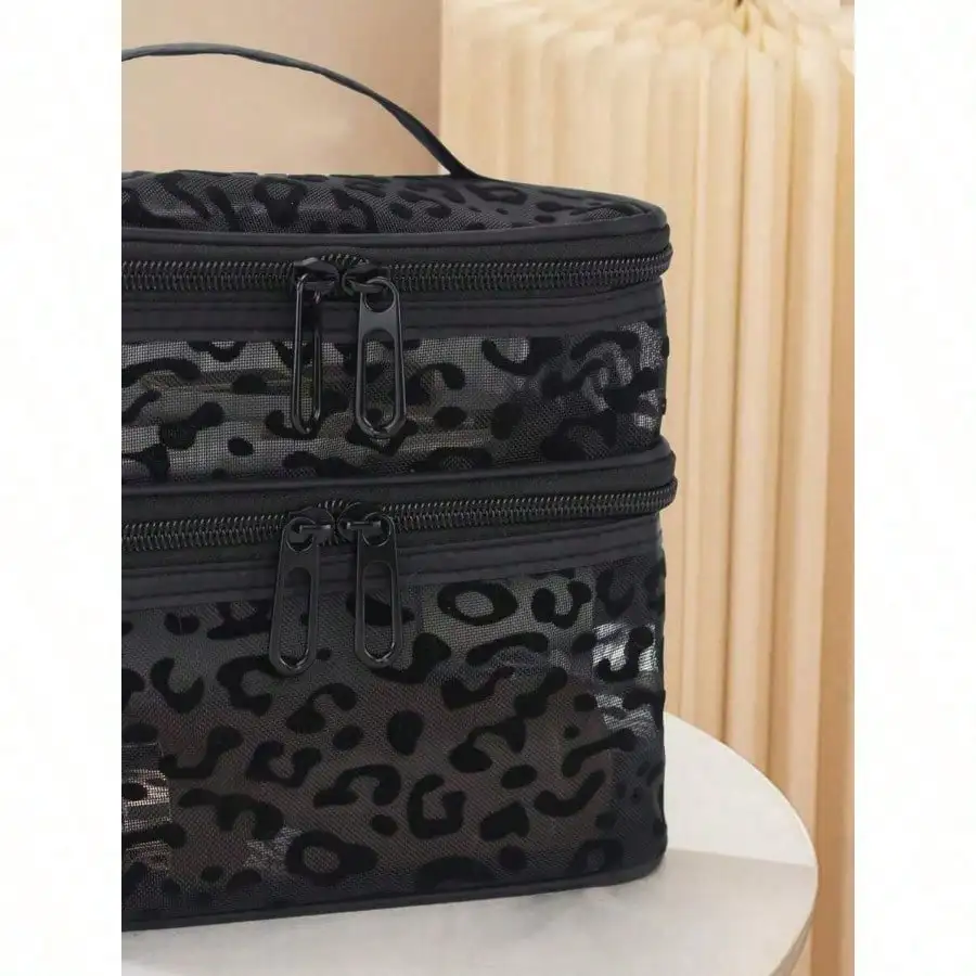 Borsa per cosmetici a doppio strato in rete nera con stampa leopardata da 1 pezzo, organizer portatile per trucco e articoli da toilette