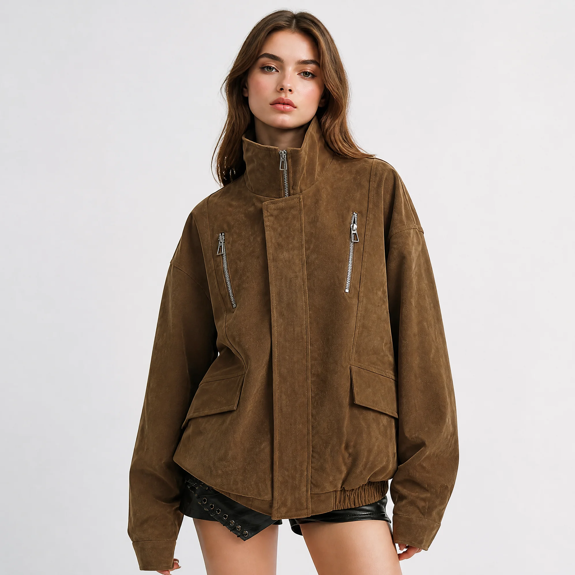 RU Women Multi Zip Stand Collar Faux Suede Bomber Jacket Elastic Band Hem Dual Patch Pockets Loose Fit Vintage Moto Outerwear