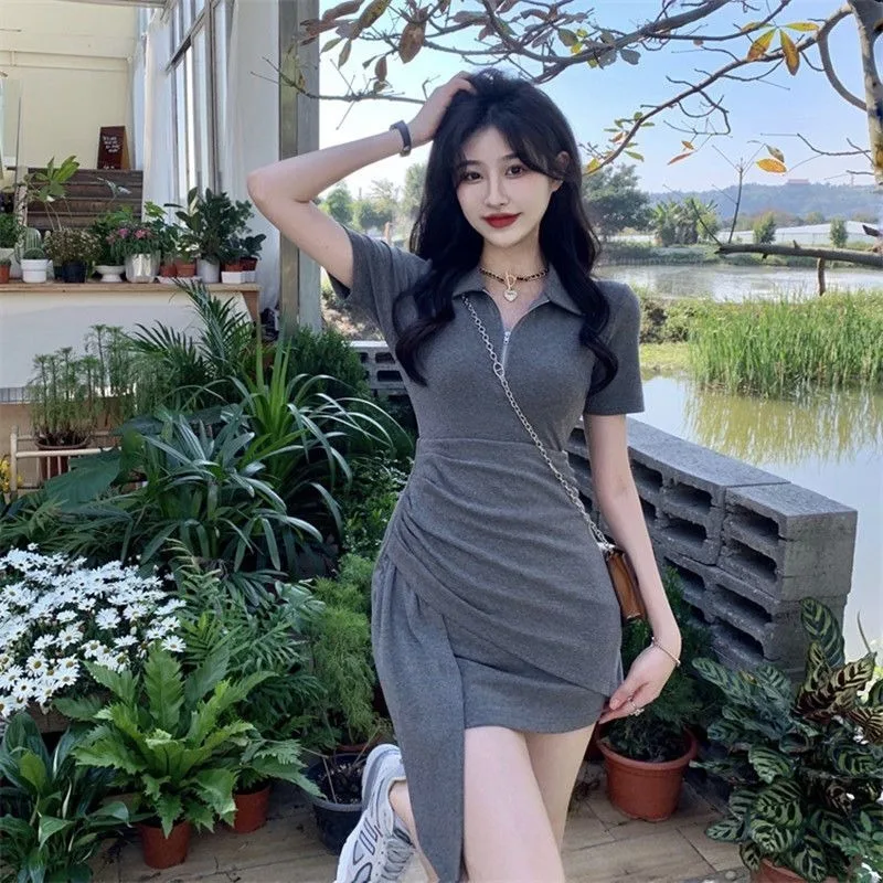 Baddie Style Polo Collar Asymmetric Mini Dress Summer Fall Figure-Flattering A-Line Short Dress Polo Collar Trendy Bodycon Dress