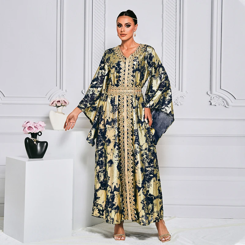 

Elegant Ladies Vestido De Festa Women Flare Sleeve V Neck Dubai Abaya Muslim Printed Islamic Turkey Long Maxi Dresses