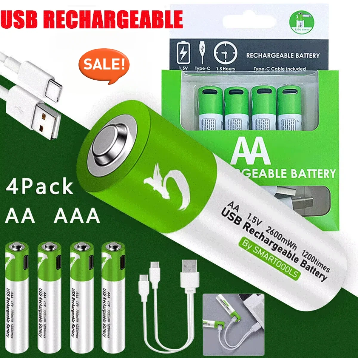 بطارية ليثيوم أيون AA/AAA مع 2600 مللي أمبير/750 مللي أمبير في الساعة شحن سريع USB قابلة لإعادة الشحن بطارية ليثيوم 1.5 فولت للوحة مفاتيح الألعاب #2