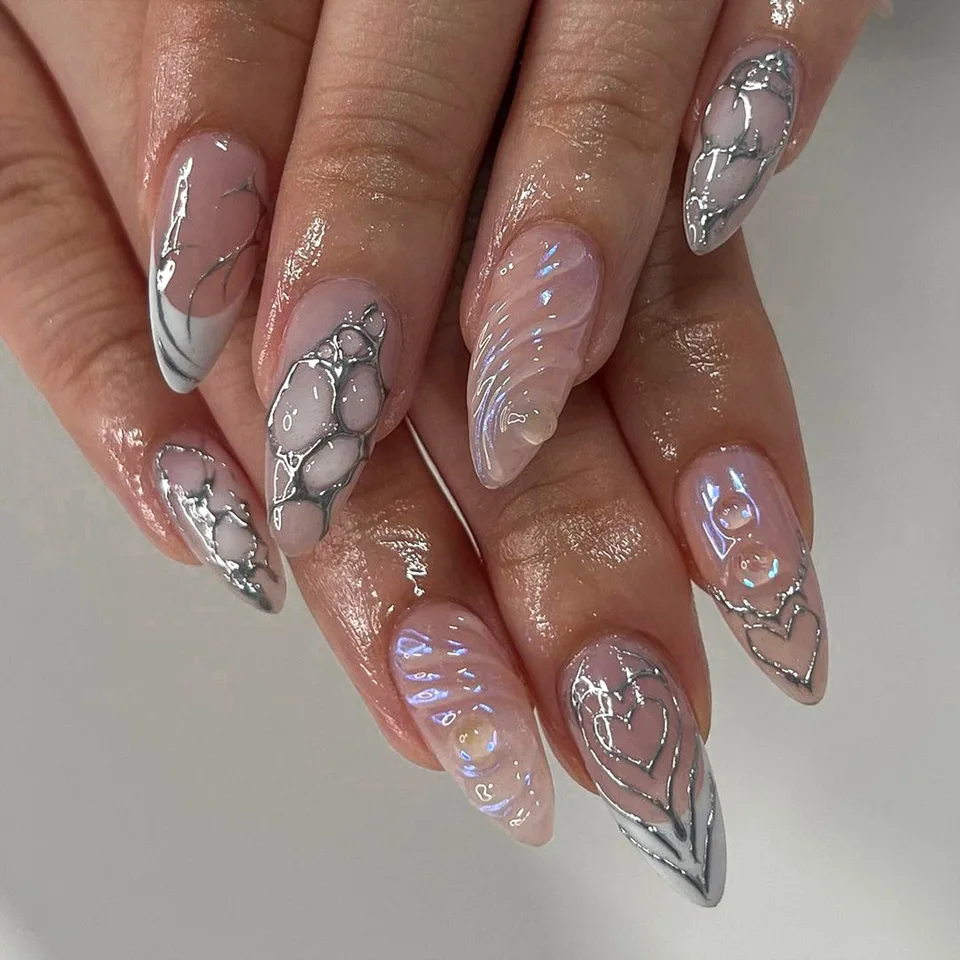 24 piezas uñas postizas almendra largas francesas con moños rosados, diseño de flores, cubierta completa 3