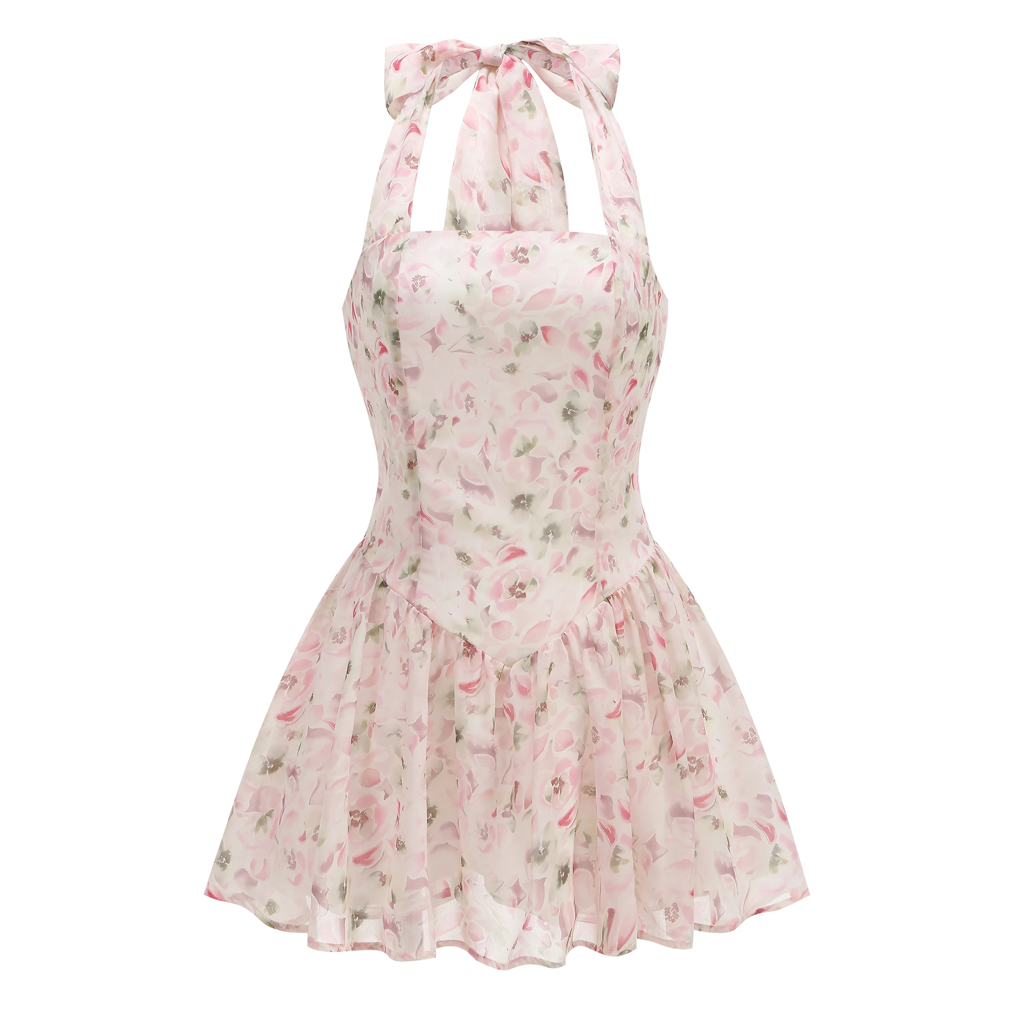 Light luxury celebrity summer vacation beach short floral dress with neck hanging design, fairy dress