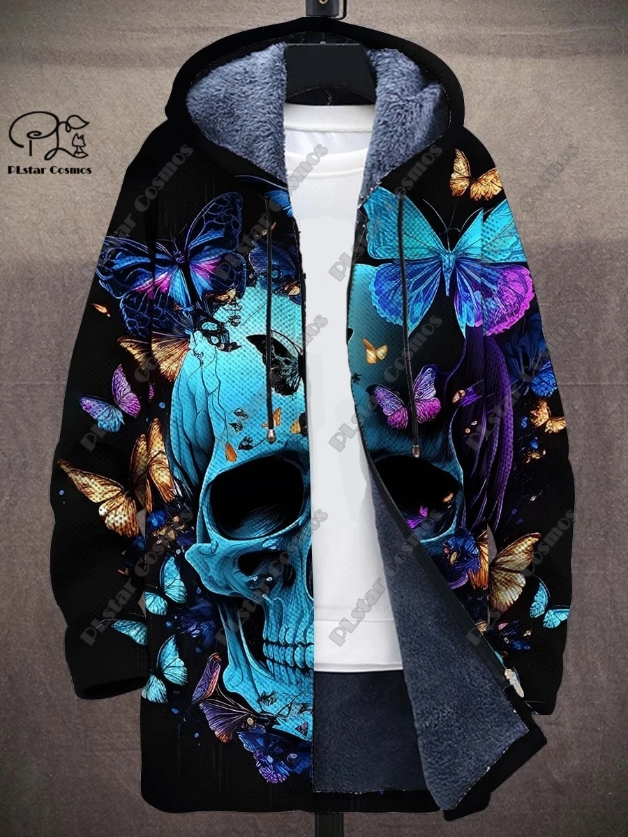 3D printed colorful skull series art printed composite gray velvet hooded zipper jacket winter velvet unisex warm jacket K2