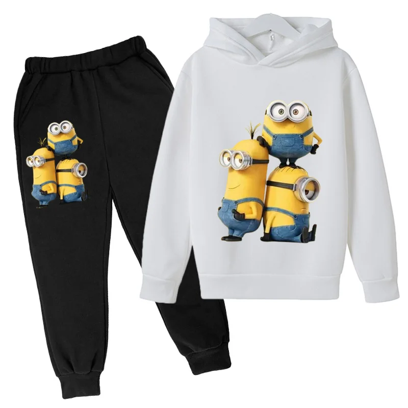 Kids Spring and Autumn Hoodie Set for Boys and Girls Aged 2-12, Casual Outdoor Sports Top+Pants Printed Cartoon Minions