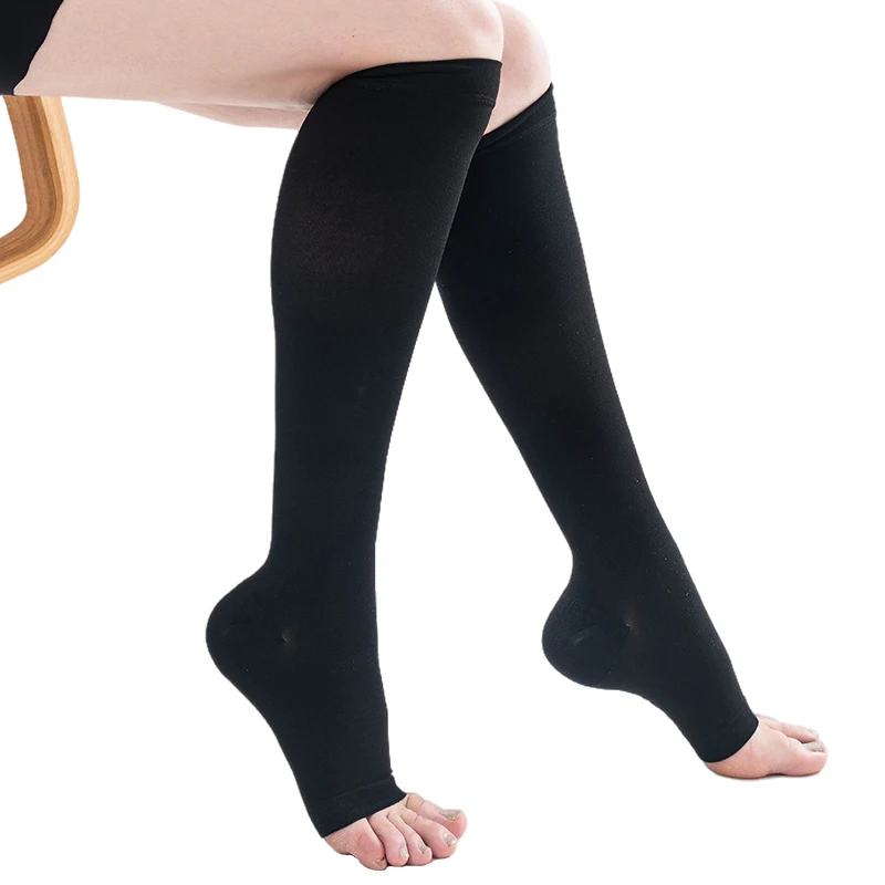 1 Paar medizinische Kompressions-Wadenärmel, 3 Stufen, Druck, offene Zehen, atmungsaktiv, Krampfadern, Sport-Laufsocken, 30–40 mmHg