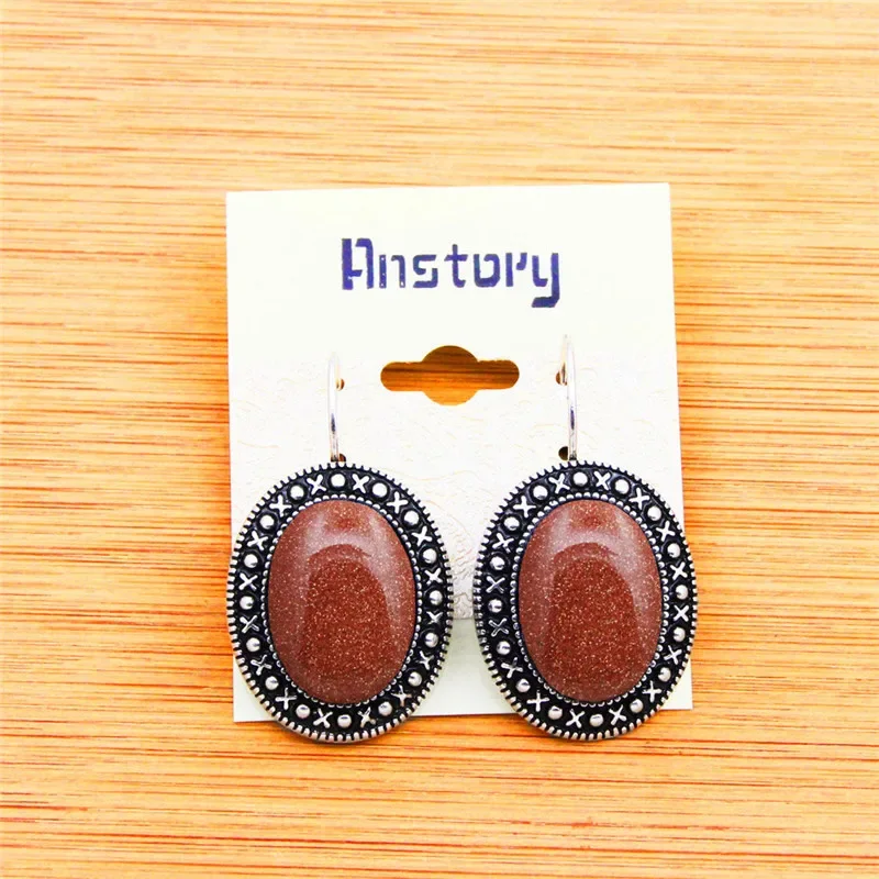 Oval Sequins Golden Stone Earrings For Women Antique Silver Plated Fashion Hook Earring