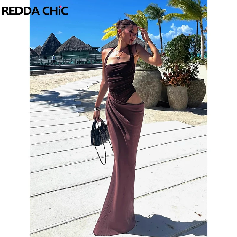 ReddaChic Sukienka Imprezowa z Siateczki, Marszczona, Letnia, Prześwitująca, typu Halter, Maxi, Długa, z Wycięciami, Obcisła, Damska, Jednoczęściowa, Seksowna, na Imprezę do Klubu Nocnego