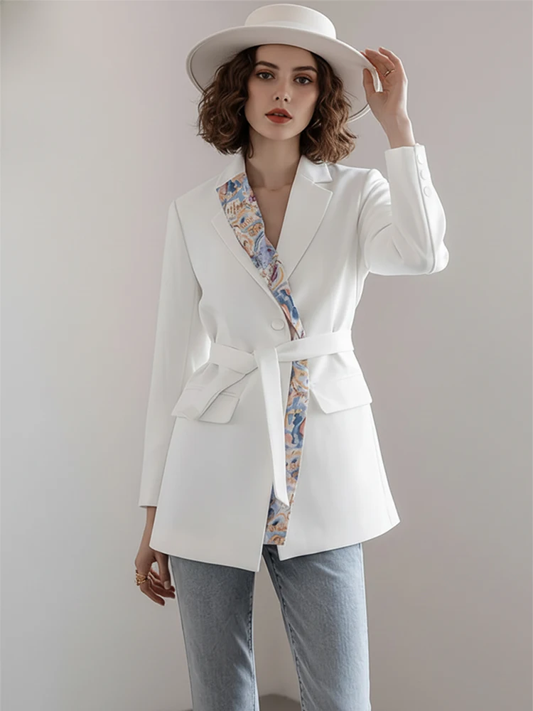

UOOZEE женский белый пиджак с поясом, модный принт, контрастный цвет, карманы, длинные рукава, официальные деловые офисные куртки, верхняя одежда