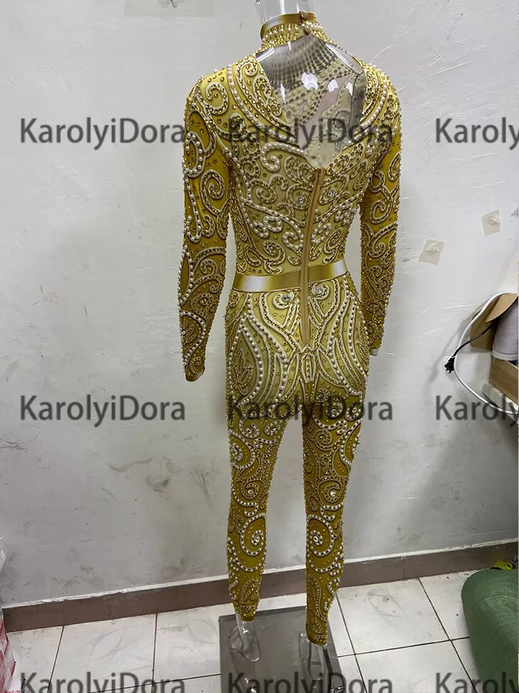 Golden Spandex Women\'S Jumpsuit Show Girl Performance Clothing Fashion Nightclub Dancers Pole Dance Stage Clothing Acrobatic