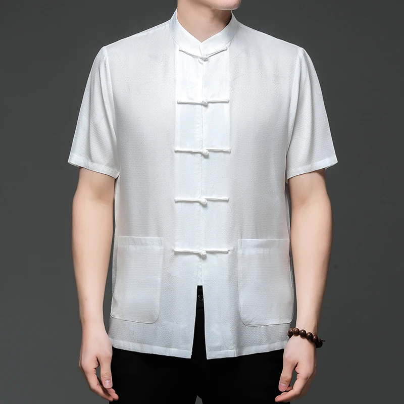 High-End Jacquard Silk Shirts For Men Short Sleeved Frog Pockets Summer Coolness Lightweight Quality Loose Fit Camisas De Hombre