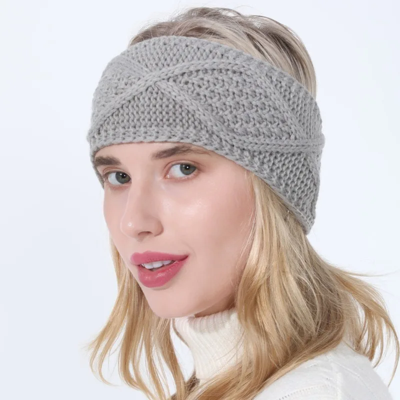 Women Knitted Wool Headband Autumn Winter High Ponytail Alan Flower Rhombus Pattern Warm Face Wash Hair Accessory Soft Cozy