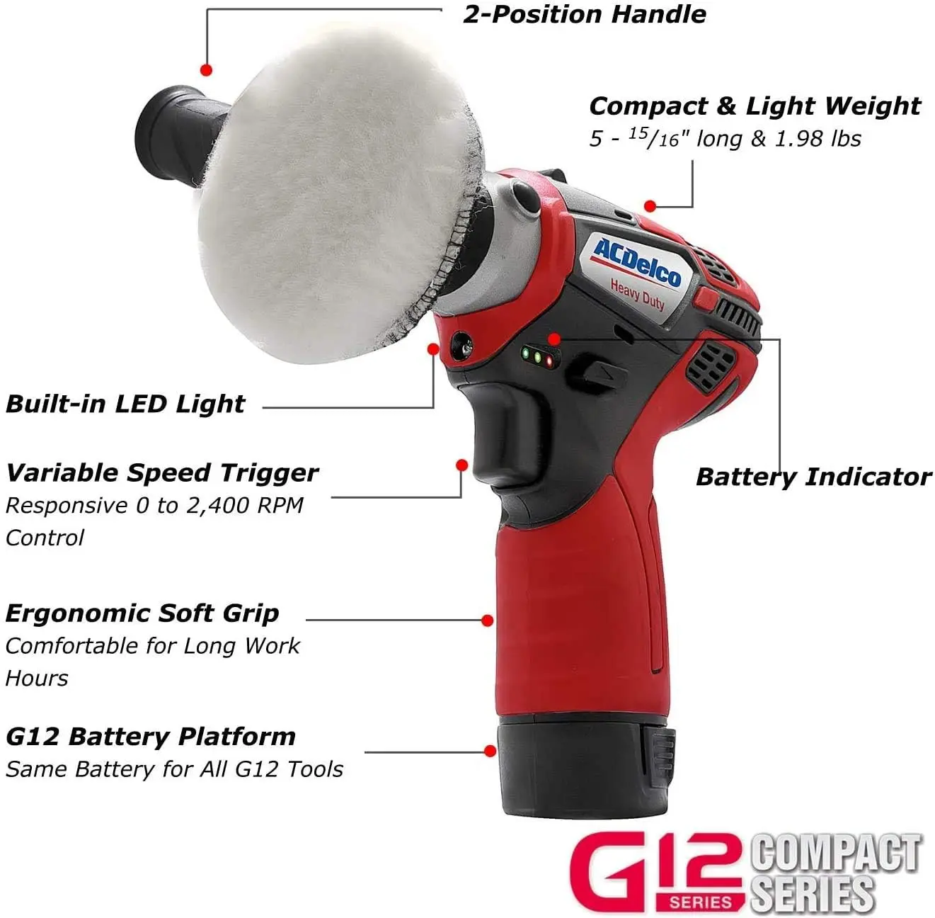 Acdelco Mini Cordless Polisher Tool Set 2 Speed 12V 3” Pad, Set With 2 Li-Ion Batteries, Charger, And Accessory Kit, G12 Series