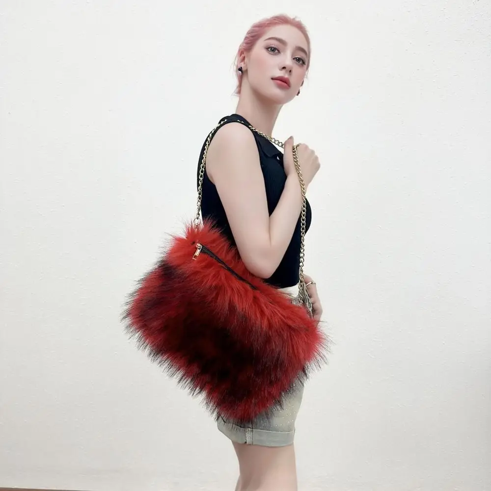 Fashion Cross Body Faux Fur Bag Chains Shaded Colour Fluffy Plush Clucth Bag Luxury Soft Girls