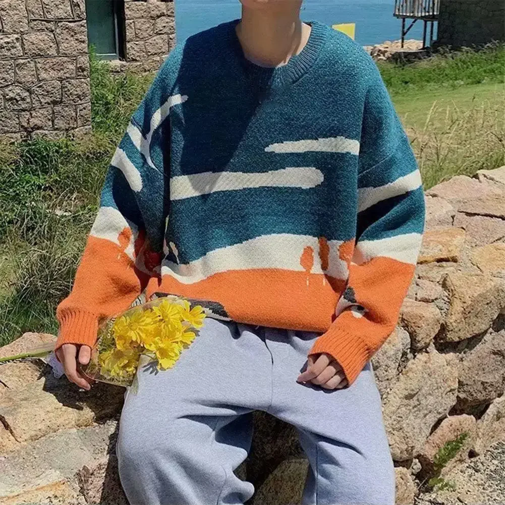 

Men's Cows Print Sweaters 2025 Winter Patchwork Knitted Pullover Men O-Neck Korean Fashion Sweater Women Casual Harajuku Clothes