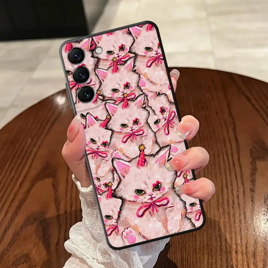 حافظة لهاتف سامسونج جالاكسي A06 A01 A02 A50 A70 نوت 20 Ultra 9 10 A30 A40 A05 A10 A20 A03 A04 قطة وردية لطيفة #3