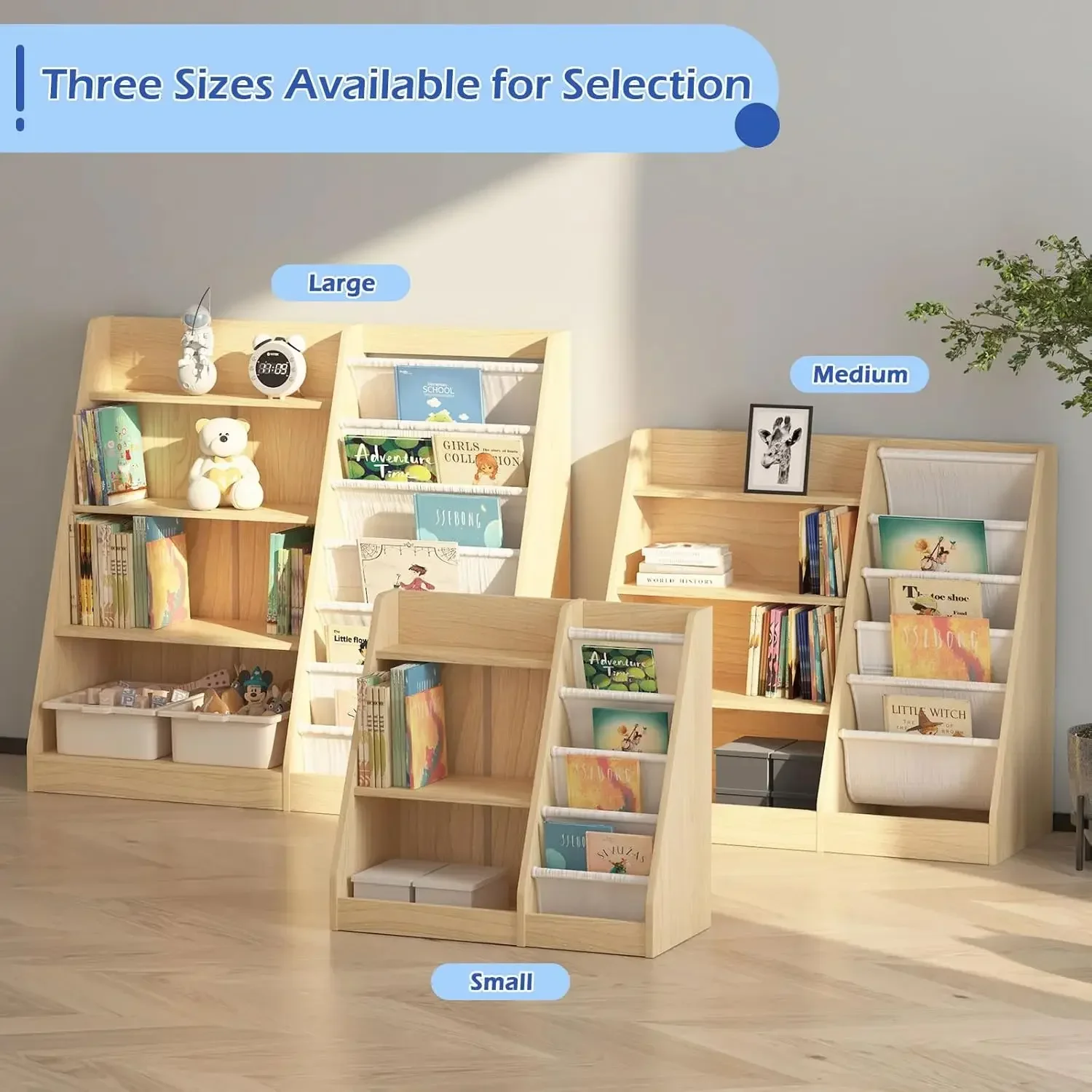 4 Tier Kids Bookshelf Baby Toddler Book Rack Children Bookcase Toy Storage Organizer with 6 Sling Adjustable Shelf for Nursery P