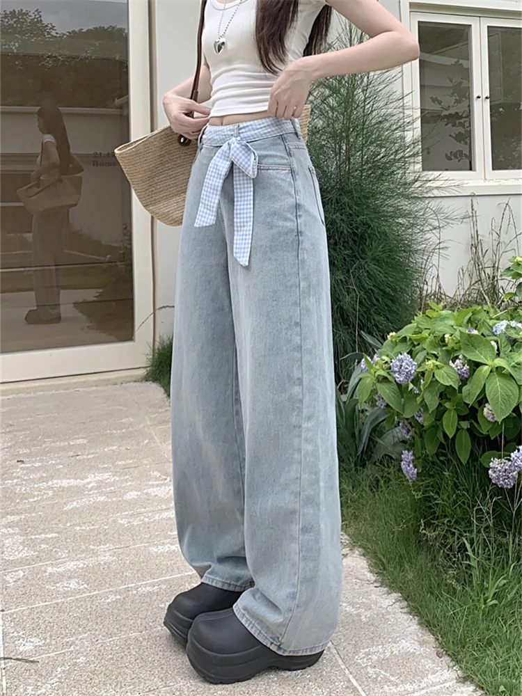 Women's Blue Checkered Stitching Straight Wide Leg Jeans Personalized Trousers Cool Girl Casual Bottoms Female Street Denim Pant