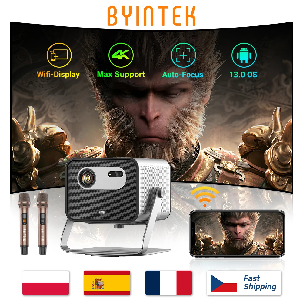 Proyector Inteligente DLP BYINTEK R90 Max, 2200 ANSI, Resolución Nativa 1080P, Decodificación 4K, Google TV, Corrección Trapezoidal Automática, 360 °   Cine en Casa con Pantalla Giratoria