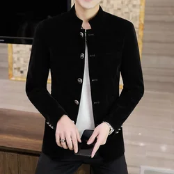 HOO 2024 Men's Fashion Stand Collar Velveteen Casual blazer Youth Autumn New Single Breasted Slim-Fitting   blazer