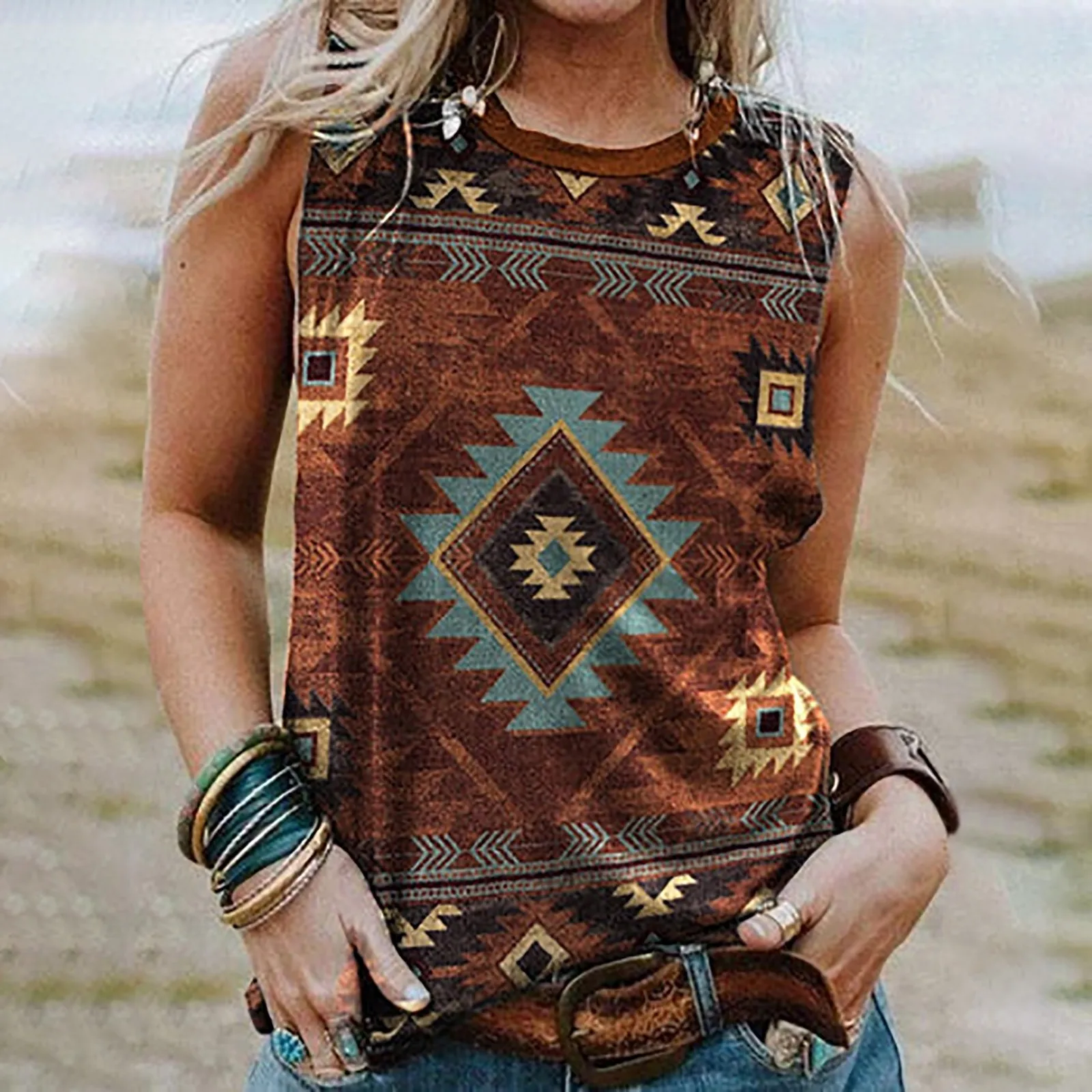 Western Style Tank Tops Geometry 3D Print Summer Fashion Women O-Neck Vest Off Shoulder Y2k Sleeveless Camisole Woman Clothing