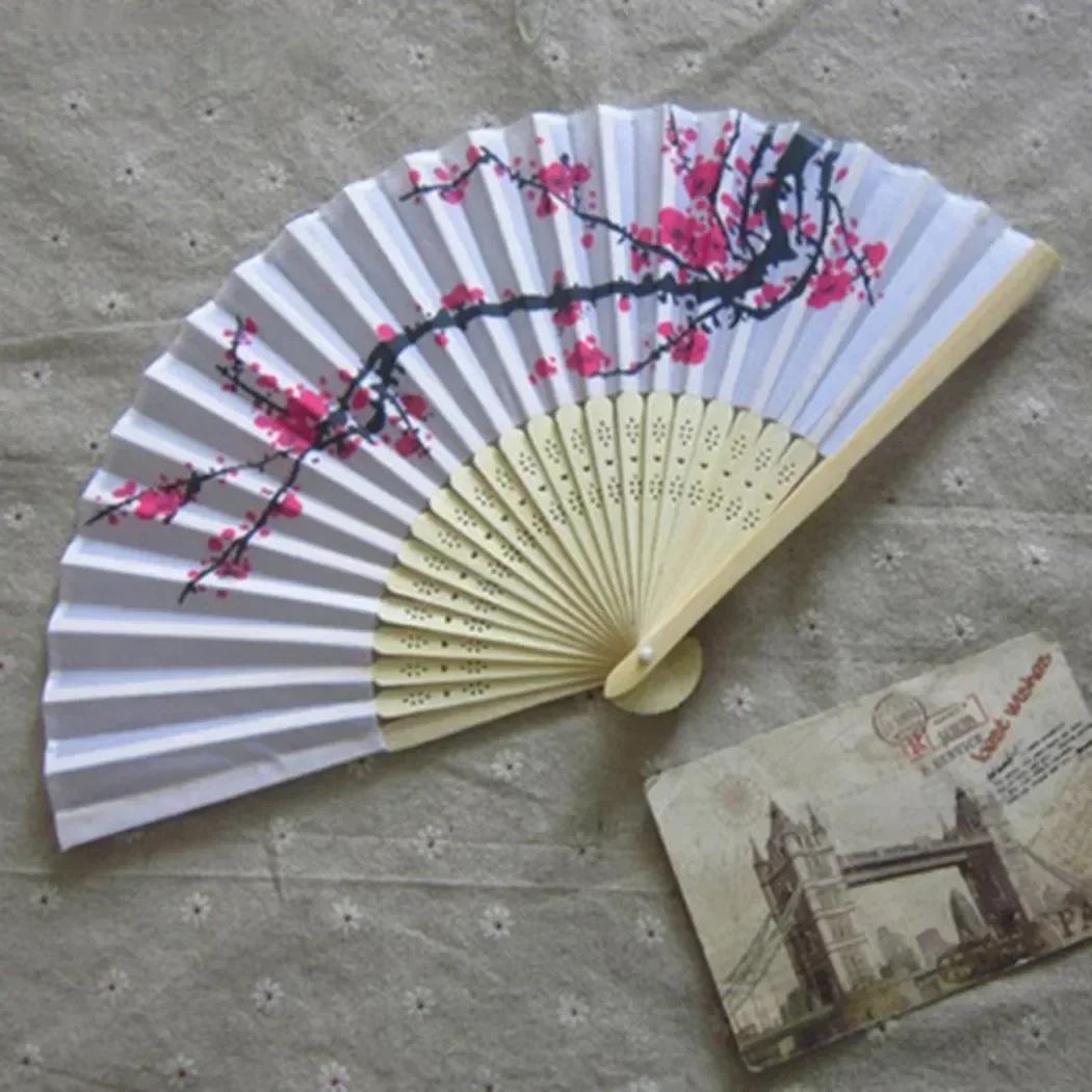 Elegant Cherry Blossom Print Folding Hand Fans Flower Print Vintage Fan White Polyester Fans Summer Girls Dancing Fan
