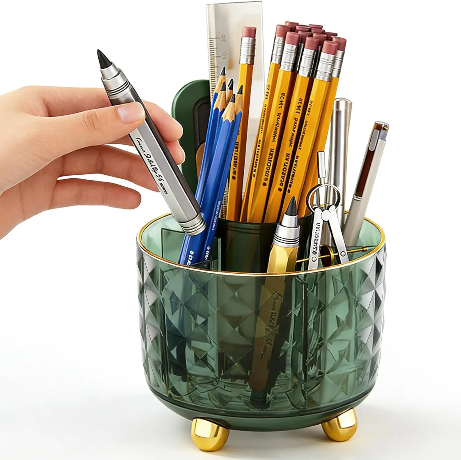 

Green Pen Pencil Holder for Desk, 360° Rotating Organizer with 6 Compartments, Cute Office Supplies