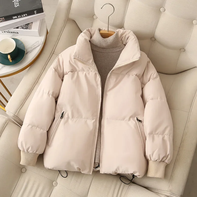 

Winter Loose Solid Warm Coats Women Casual Thicken Zipper Pockets Stand Collar Long Sleeves Down Coat Female Chic Street Outwear