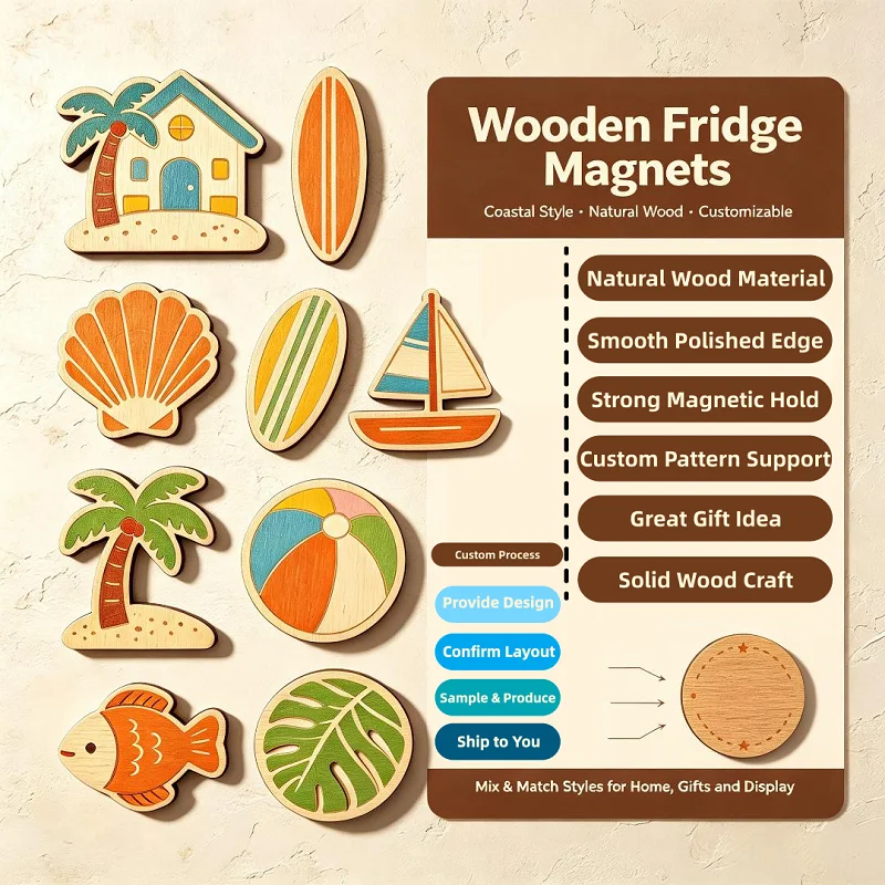Custom Creative Printing Wooden Refrigerator Magnet with Recessed Concave Center Sturdy Magnet With Laser Cut Wood Fridge Magnet