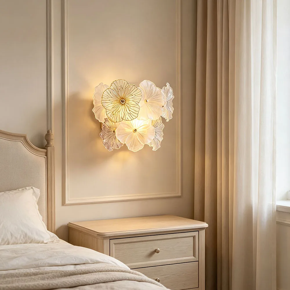 Multi Floral Glass Metal Wall Sconce Handmade Petal Shape Decor Wall Light for Bedroom Entryway Corridor