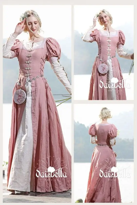 White Pink Falling Flower Medieval Prom Occasion Dresses with Puffy Long Sleeve Italian Renaissance Fair Costume Evening Gown