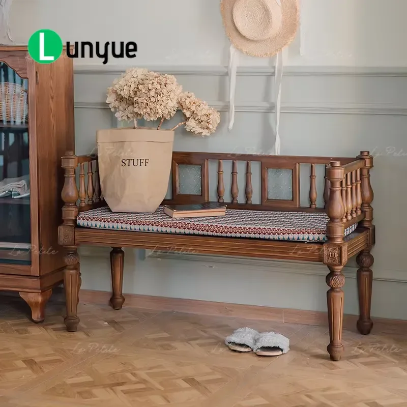 Vintage Wooden Movable Double Chair Bench Antique Style 2 Seater Sofa for Dining Room Living Room Bedroom Cafe Entrance Decor