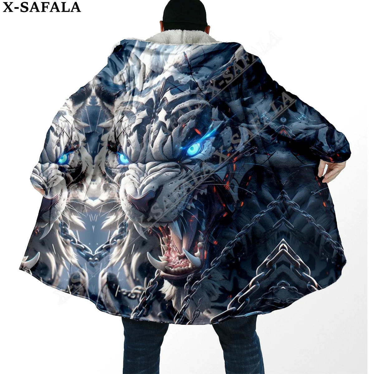 The King White Tiger Skin 3D Print Dream Cloak Thick Warm Hooded Men Overcoat Coat Windproof Fleece Cape Robe Blanket-4