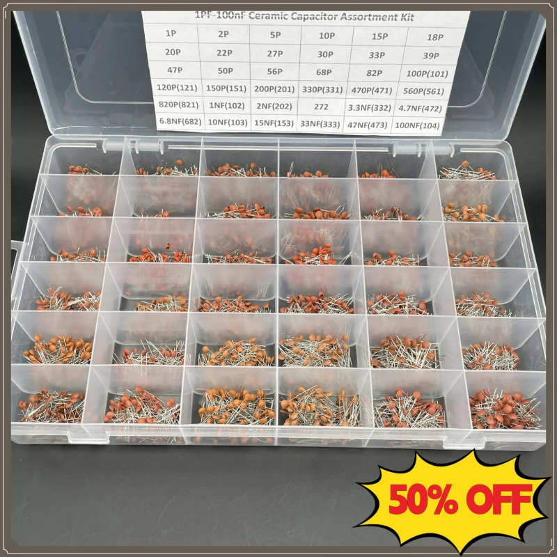 36Values 3600Pcs Ceramic Disc Capacitor Kit 50V 1pF-100nF Through Hole Assortment Box