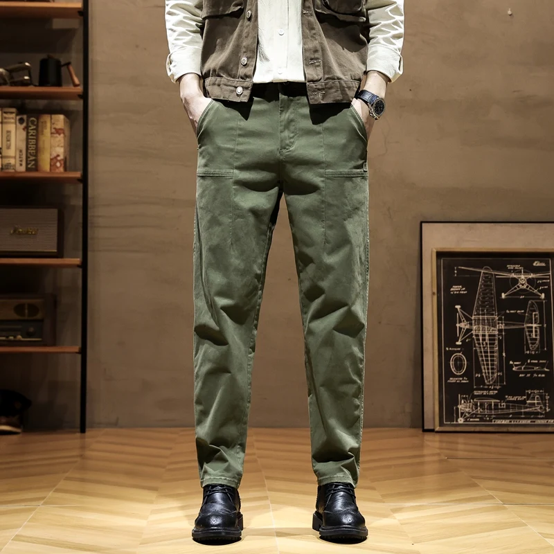 Straight Casual Pants Men Clothing Khaki Green Workwear Denim Mens Pants Trousers For Male Overalls 97% Cotton 3% Spandex