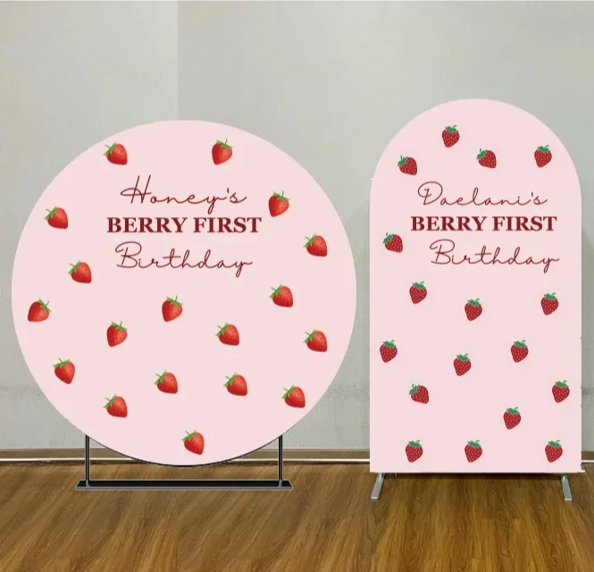 

Round Arch Backdrop Cover Berry Strawberry Theme for Sweet Baby Girls First Birthday Party Decoration,Custom Name Spandex Cover