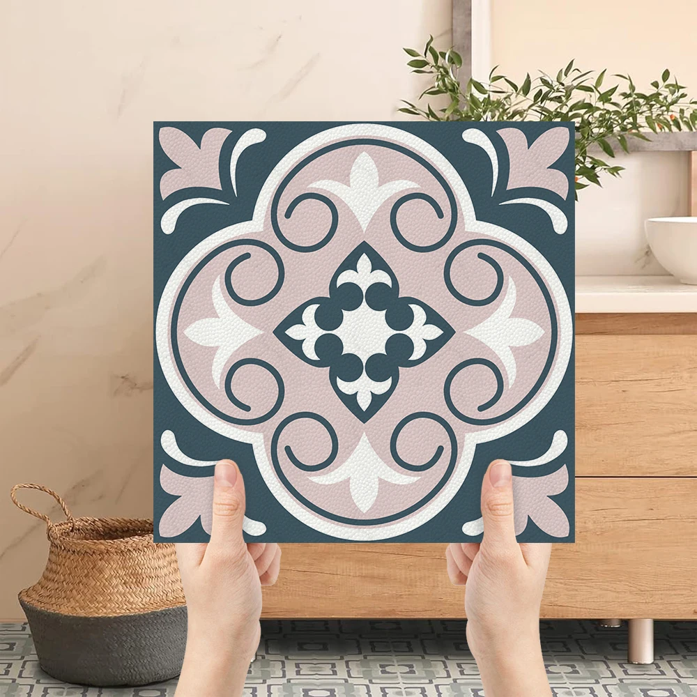 

30x30cm Pink Blue Floral Tile Stickers, Peel and Stick Waterproof PVC Floor Decals for Kitchen Bathroom