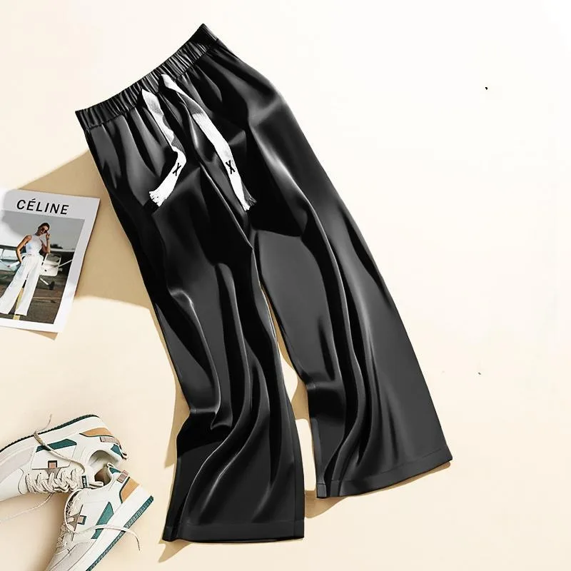 Minimalist Summer Solid Men's Elastic Waist Lacing Ice Silk Fabric Pockets Fashion Versatile Loose Wide Leg Straight Pants