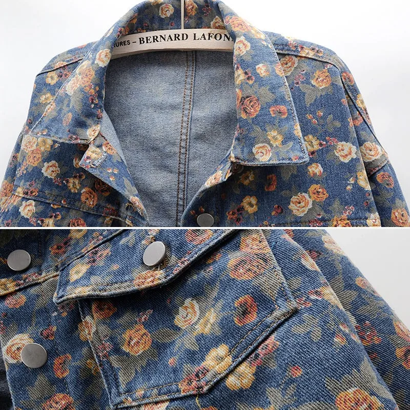 Women's Spring Autumn Tops Jacket Cowboy Printed Short Vintage Simple Loose Leisure Design Fashion Advanced Soft Niche Skinny