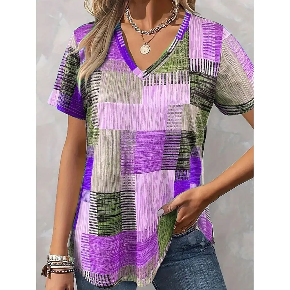 

Women's V-Neck Plaid Pattern Print Short Sleeve T-Shirt Summer Short Sleeve Tops Outdoor Tshirts Casual Oversize Clothing Street