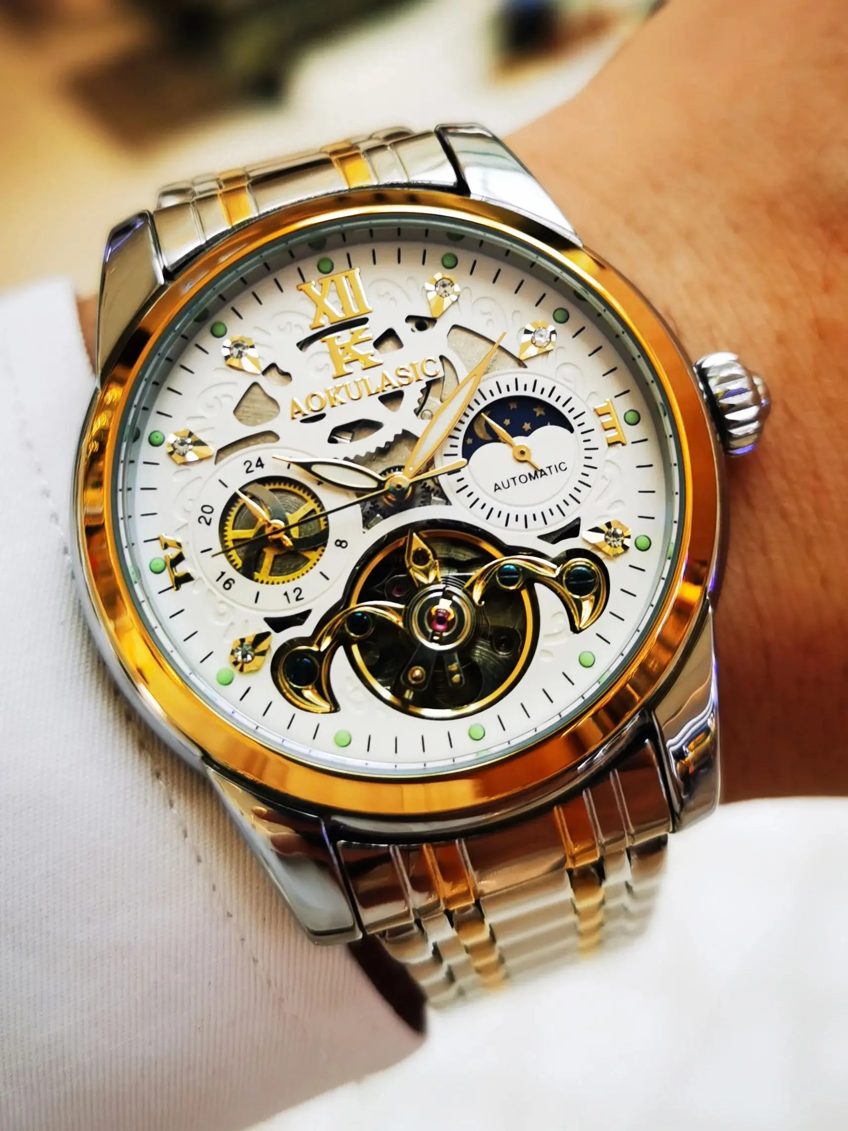 Luxury Brand Mechanical Watches Moon Phase Fashion Diamond Luminous Hands Tourbillon Skeleton Automatic Mens Watch Steel Strap