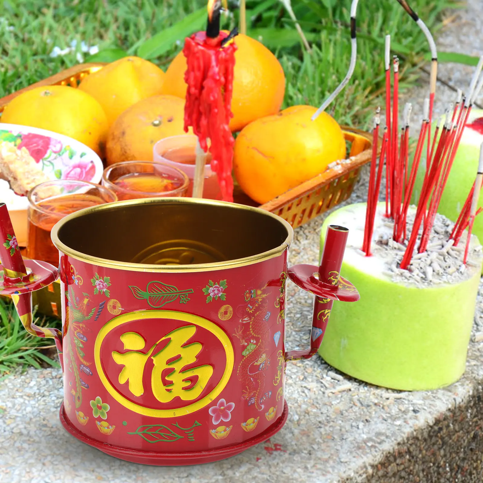Outdoor Round Iron Incense Burner Chinese Style Fortune Censer for Home Decoration Sacrifice and Chinese New Year Gift Exquisite