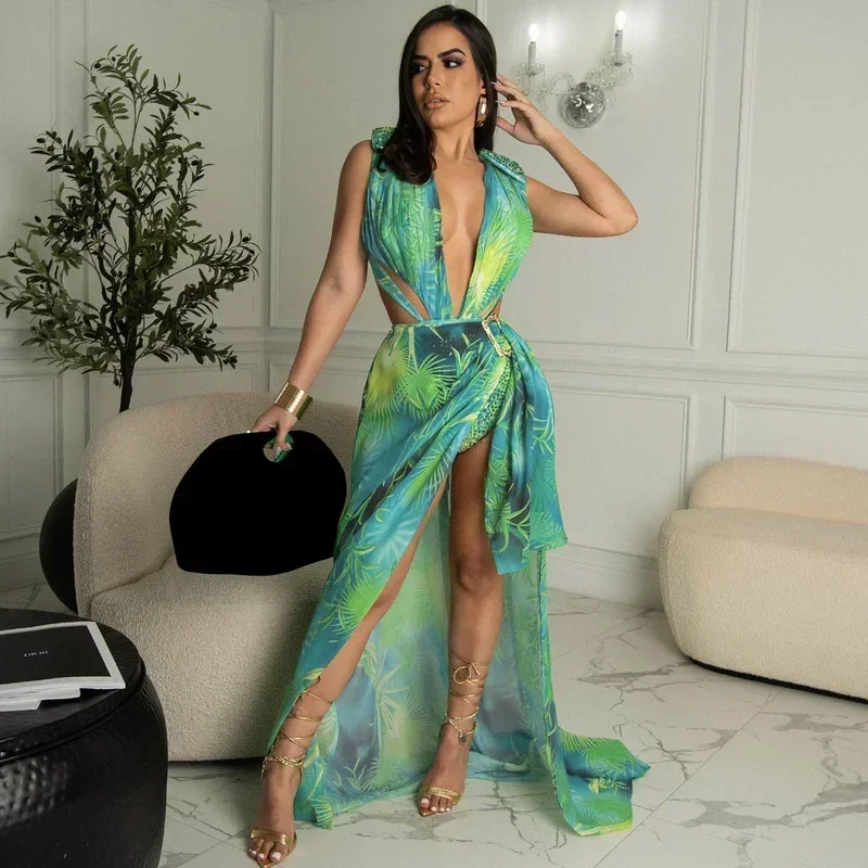

GUWU Leaf Print Two Piece Set Women Party Clubwear Bodysuit Top and Split Maxi Skirt Sets Summer Holiday Beach Birthday Outfits